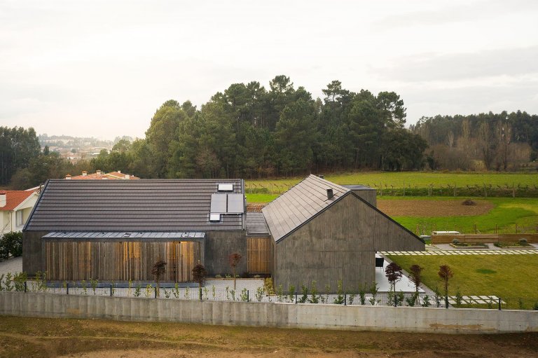 Dům s dřevěnou fasádou a geometrickými světlíky