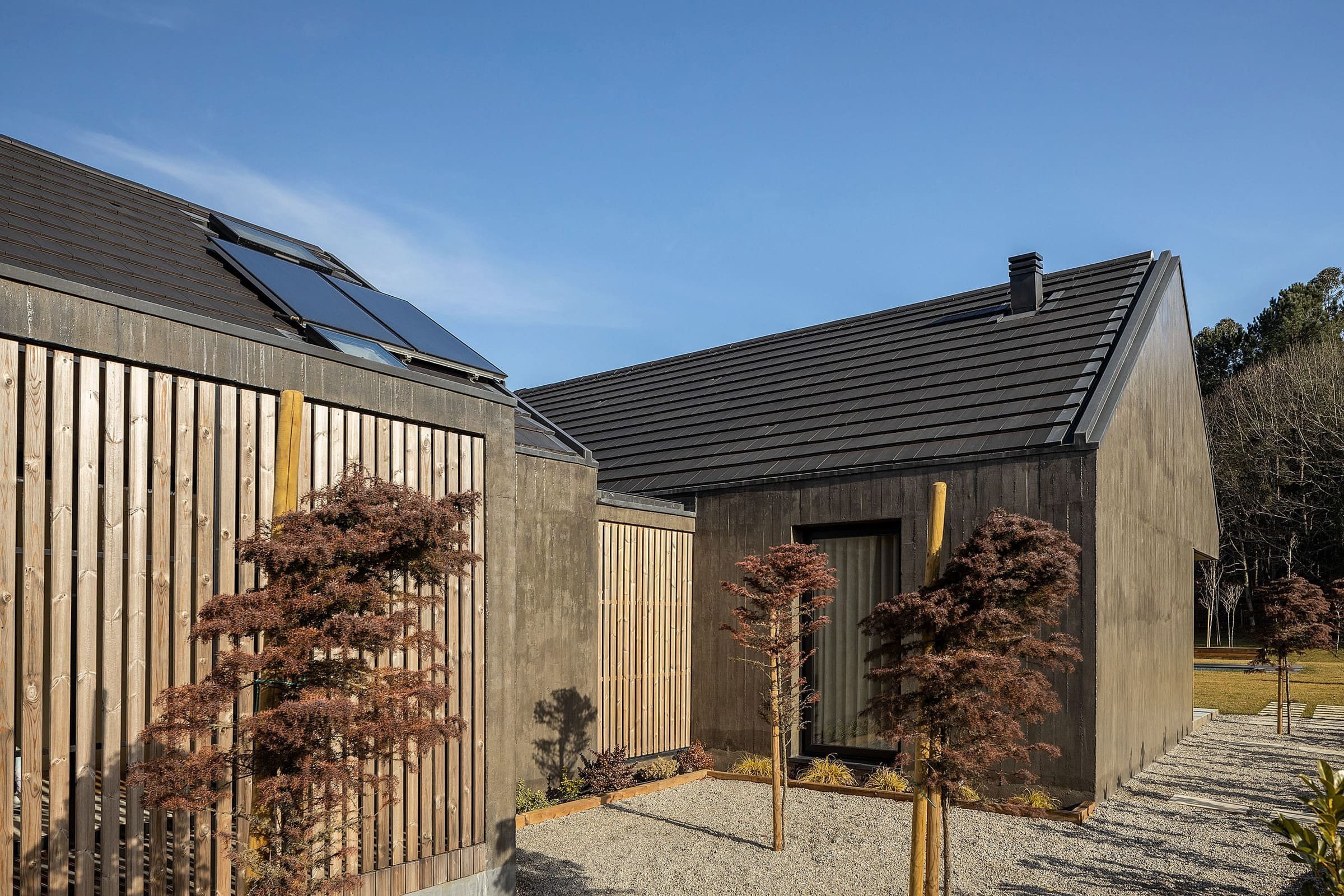 Dům s dřevěnou fasádou a geometrickými světlíky