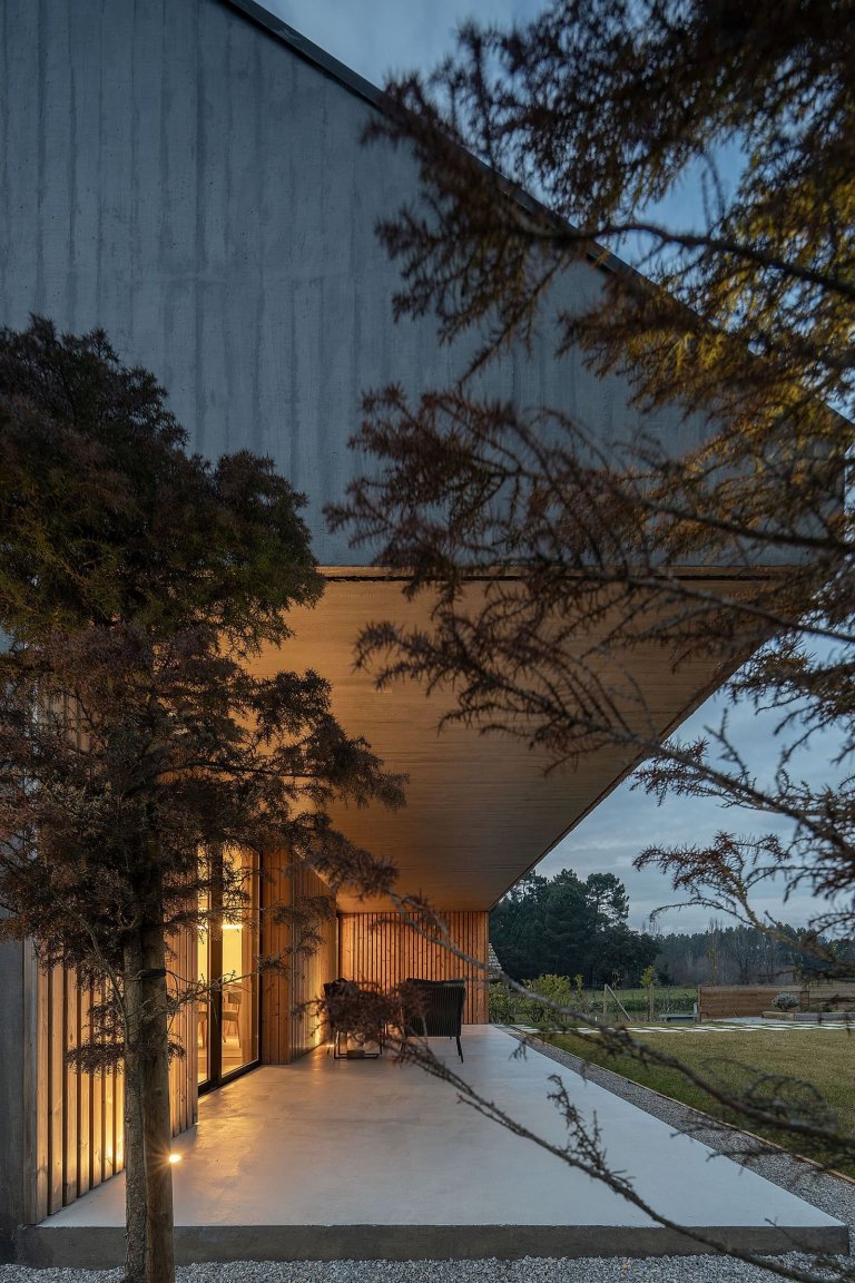 Dům s dřevěnou fasádou a geometrickými světlíky