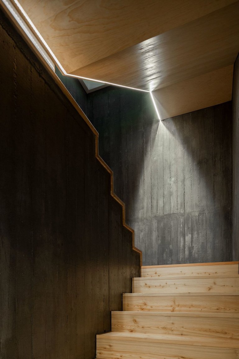 Dům s dřevěnou fasádou a geometrickými světlíky