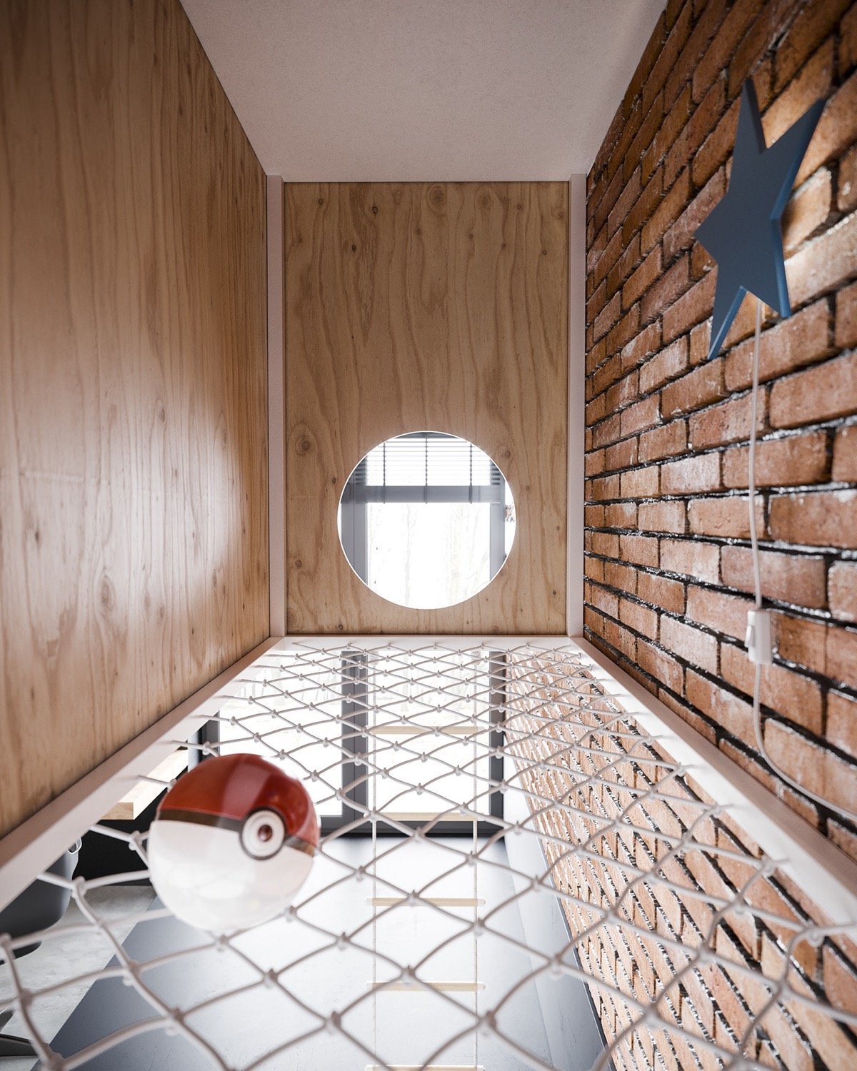 Interiér plný surového dřeva a odkrytých cihel