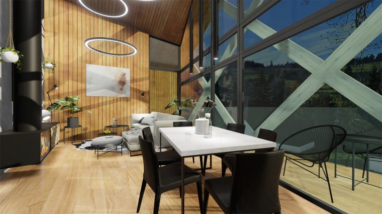 Moderní interiér, v&nbsp;horském stylu s&nbsp;výhledem do přírody Jizerských hor, kde hraje hlavní roli betonová stěrka s&nbsp;medovými odstíny dřeva, které…