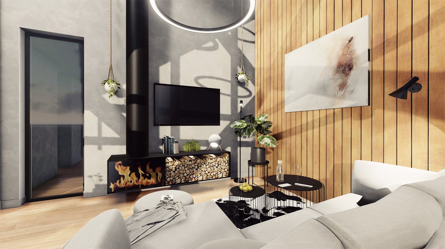 Moderní interiér, v&nbsp;horském stylu s&nbsp;výhledem do přírody Jizerských hor, kde hraje hlavní roli betonová stěrka s&nbsp;medovými odstíny dřeva, které…