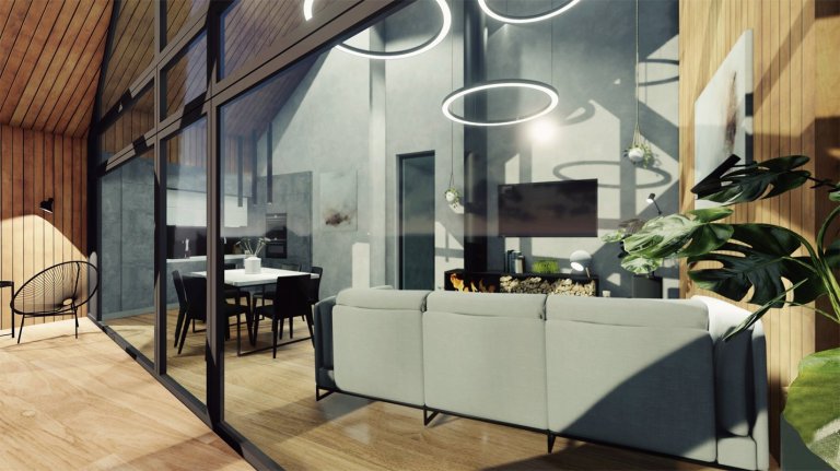 Moderní interiér, v&nbsp;horském stylu s&nbsp;výhledem do přírody Jizerských hor, kde hraje hlavní roli betonová stěrka s&nbsp;medovými odstíny dřeva, které…