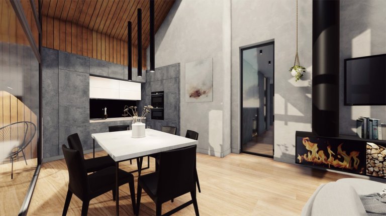 Moderní interiér, v&nbsp;horském stylu s&nbsp;výhledem do přírody Jizerských hor, kde hraje hlavní roli betonová stěrka s&nbsp;medovými odstíny dřeva, které…