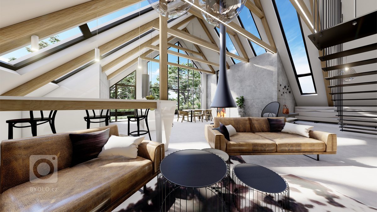 Netradiční interiér v&nbsp;přírodních tónech v&nbsp;kombinaci s&nbsp;dubovým dřevem, surovým betonem, betonovou stěrkou nebo mramorem. Půda prošla celkovou…