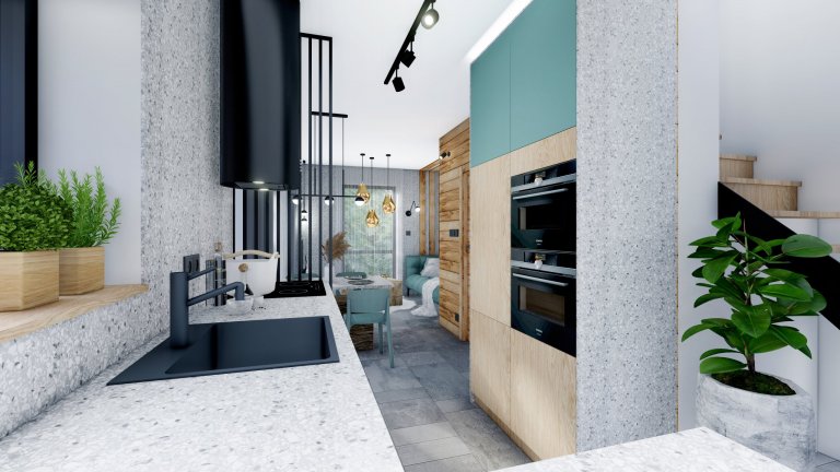 Moderní interiér v&nbsp;horském stylu v&nbsp;přírodě Jizerských hor, kde hraje hlavní roli obklad Terrazzo a&nbsp;kamenná podlaha v&nbsp;akcentu s&nbsp…