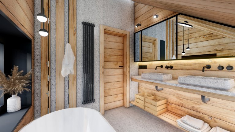 Moderní interiér v&nbsp;horském stylu v&nbsp;přírodě Jizerských hor, kde hraje hlavní roli obklad Terrazzo a&nbsp;kamenná podlaha v&nbsp;akcentu s&nbsp…