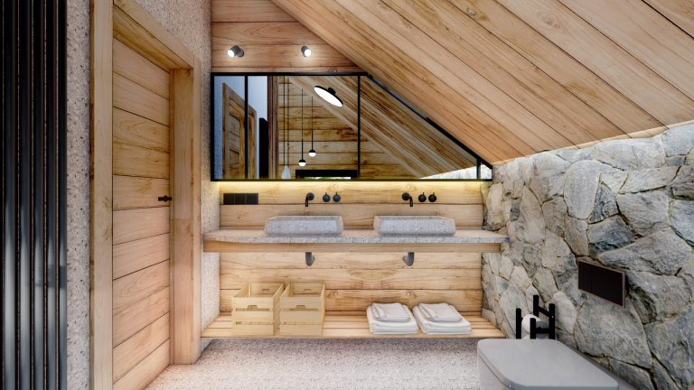 Moderní interiér v&nbsp;horském stylu v&nbsp;přírodě Jizerských hor, kde hraje hlavní roli obklad Terrazzo a&nbsp;kamenná podlaha v&nbsp;akcentu s&nbsp…