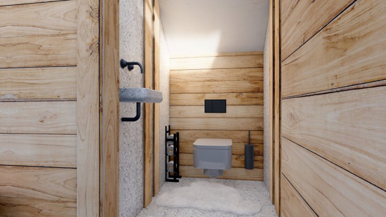 Moderní interiér v&nbsp;horském stylu v&nbsp;přírodě Jizerských hor, kde hraje hlavní roli obklad Terrazzo a&nbsp;kamenná podlaha v&nbsp;akcentu s&nbsp…