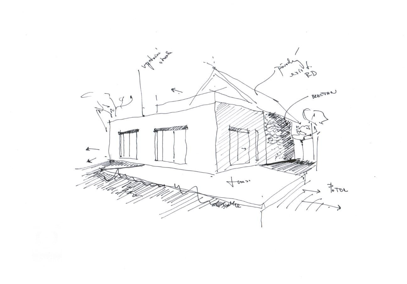 Dispozične a hmotovo je dom rozdelený do dvoch častí. Pôvodný objekt je situovaný v zadnej časti pozemku. Prístavba je vsadená do už existujúceho rodinného domu. Hlavný vstup do objektu tvorí spojenie obidvoch hmôt. Navrhovanú prístavbu tvorí kváder, ktorý tvorí dominantný priestor v dispozícii. Je v ňom navrhnutá denná zóna s oddychovými priestormi. Obývacia izba spojená s kuchyňou, jedálňou a komorou sa nachádza v západnej časti prístavby. Pri vstupe akcentuje tehlová neomietnutá stena, ktorá predeľuje priestor na dve zóny. Obslužnú a oddychovú, dennú zónu. V severnej časti sú navrhnuté dve schodiská, ktoré prepájajú tri podlažia. Prízemie, navrhnutú prístavbu a podkrovie pôvodného objektu. 