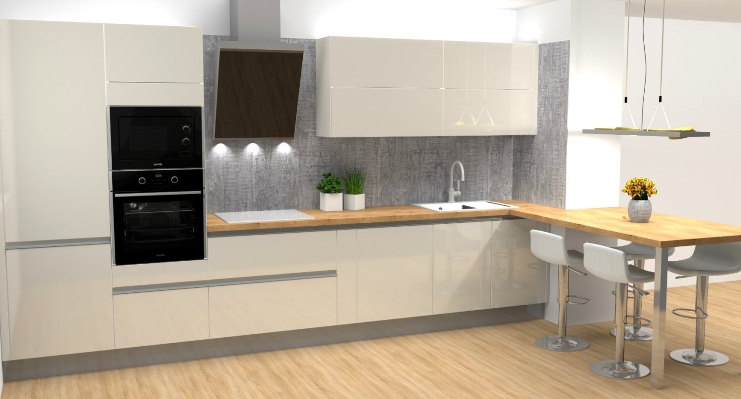 Prostorná kuchyně s linkou v lineárním provedení v krémové bílé umožňuje volný pohyb při vaření.
