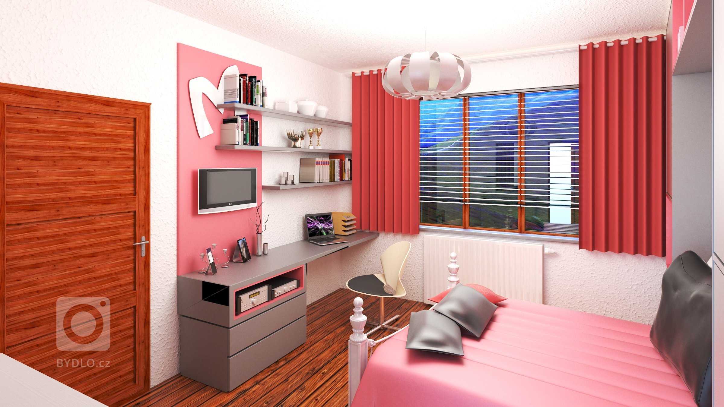 Dívčí pokoj pro 13-tiletou slečnu.

Růžová barva, podlaha z masivních prken a potel byly vabrána. Cílem bylo vše zakomponovat do organického a moderního celku.
