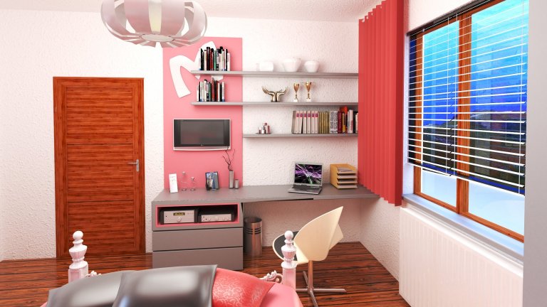 Dívčí pokoj pro 13-tiletou slečnu.

Růžová barva, podlaha z masivních prken a potel byly vabrána. Cílem bylo vše zakomponovat do organického a moderního celku.
