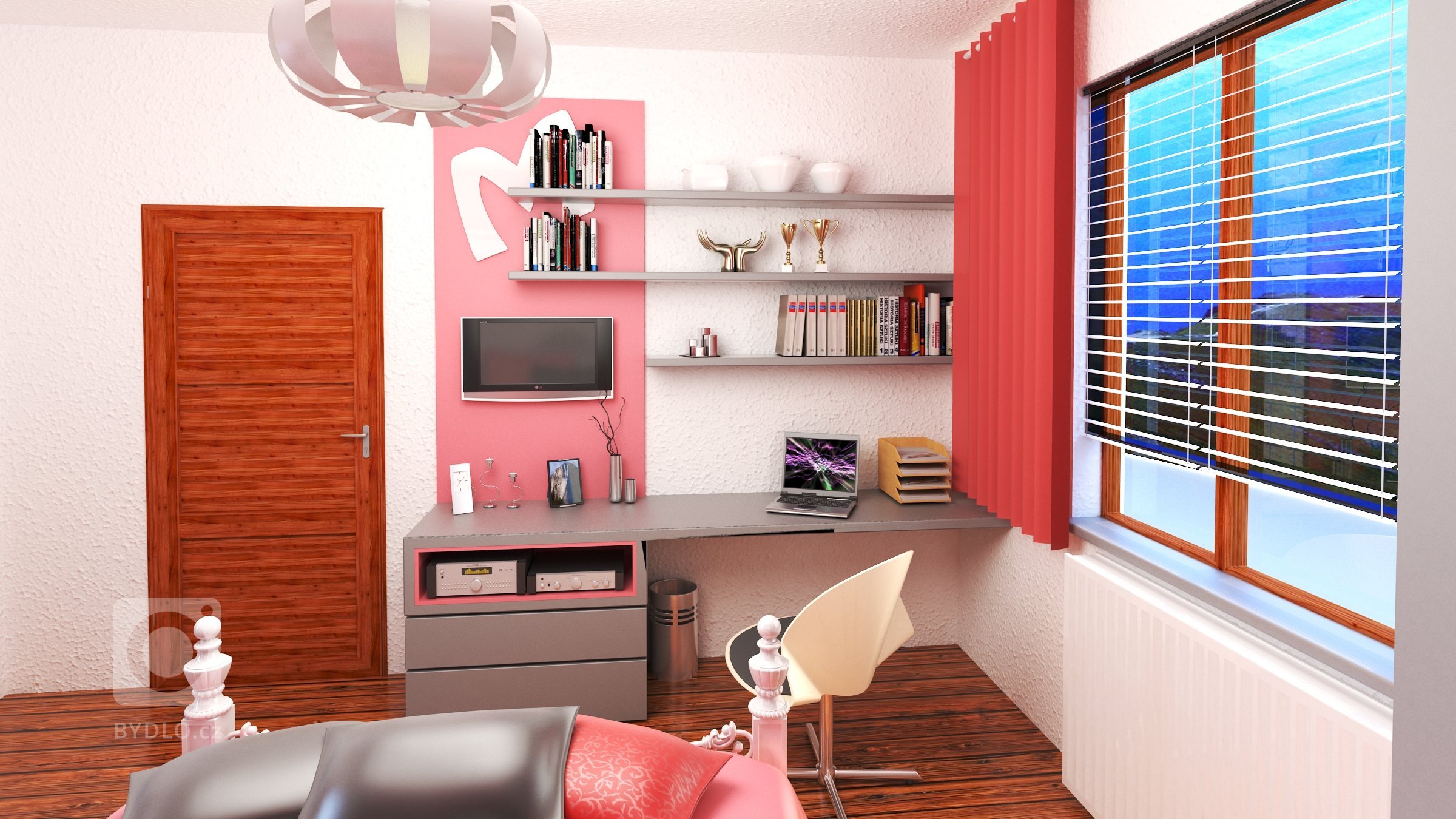 Dívčí pokoj pro 13-tiletou slečnu.

Růžová barva, podlaha z masivních prken a potel byly vabrána. Cílem bylo vše zakomponovat do organického a moderního celku.
