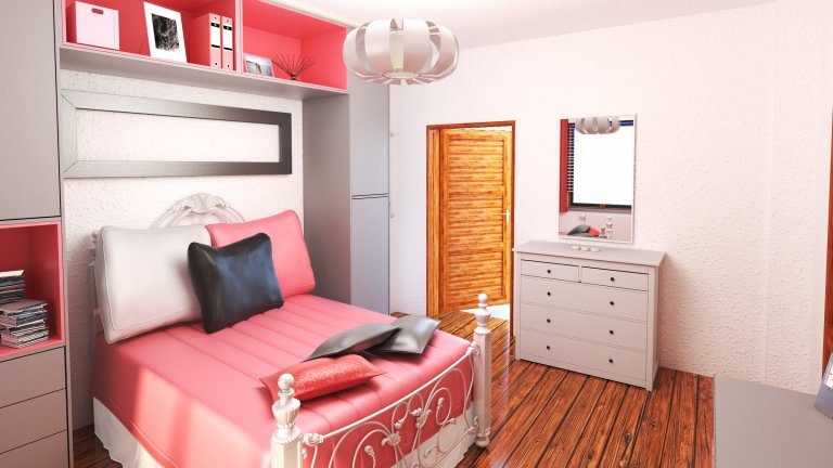 Dívčí pokoj pro 13-tiletou slečnu.

Růžová barva, podlaha z masivních prken a potel byly vabrána. Cílem bylo vše zakomponovat do organického a moderního celku.
