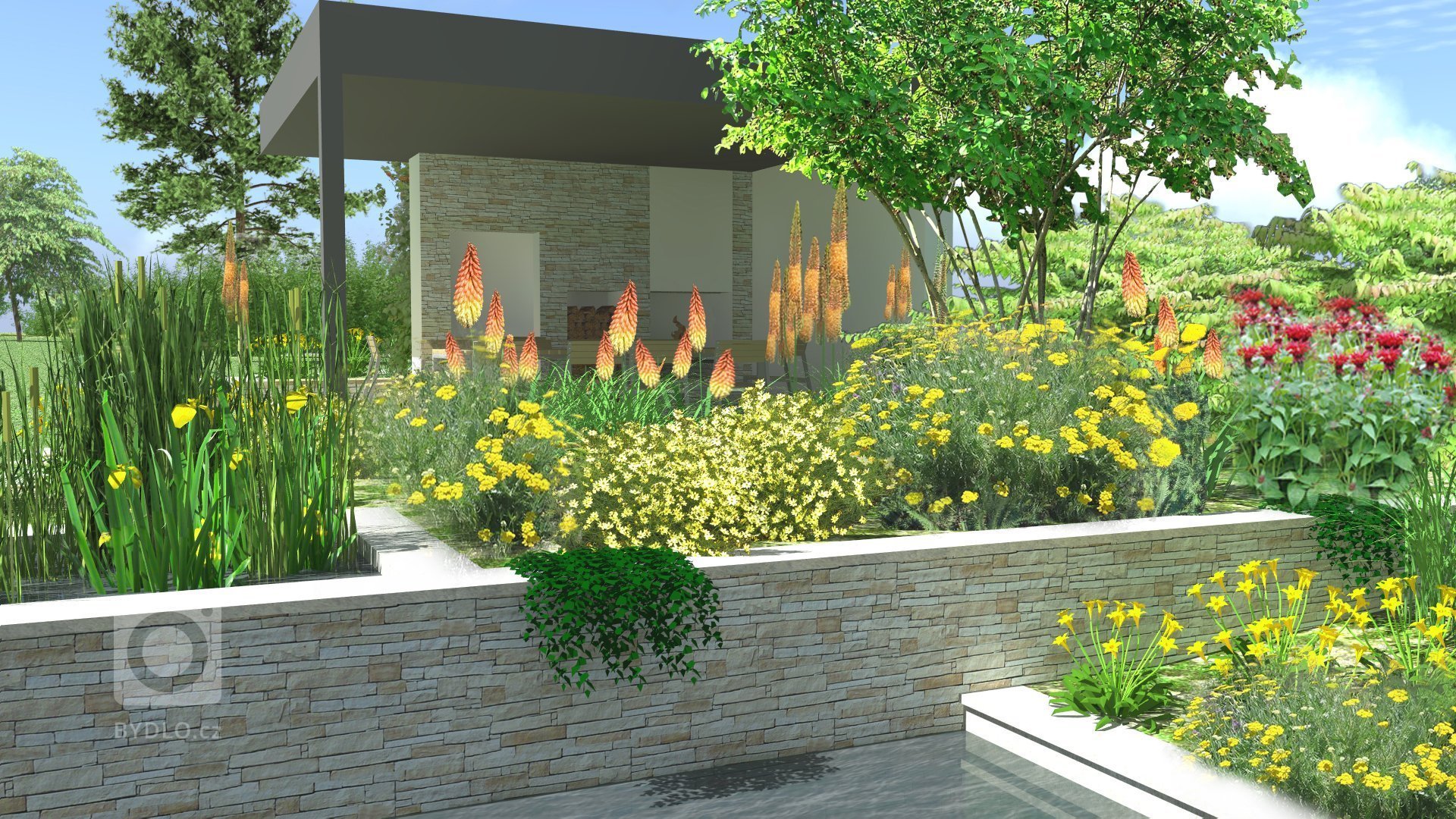 pohled skrz jezírko na pergolu