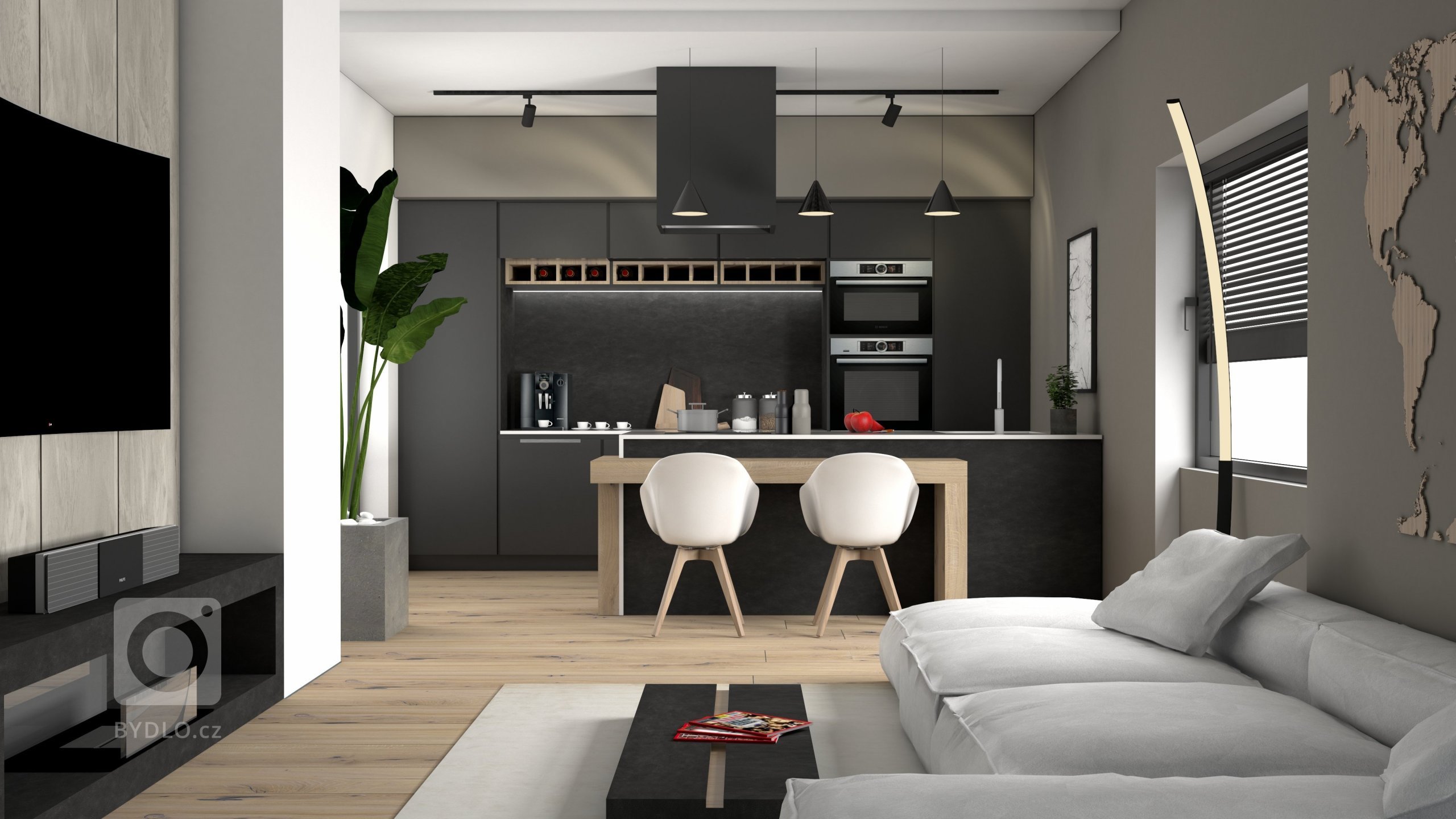 Ukázka naší práce designového návrhu kuchyňské linky s obývací částí. Dominantou prostoru je designová, minimalistická kuchyň. Vysoké zásuvné skříně nejen…