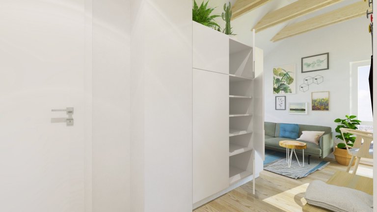 Návrh interiéru podkrovného bytu využíva relatívne malý priestor dennej zóny na maximum, pričom ho opticky neprepĺňa. Líniová hmota kuchyne plynulo prechádza…