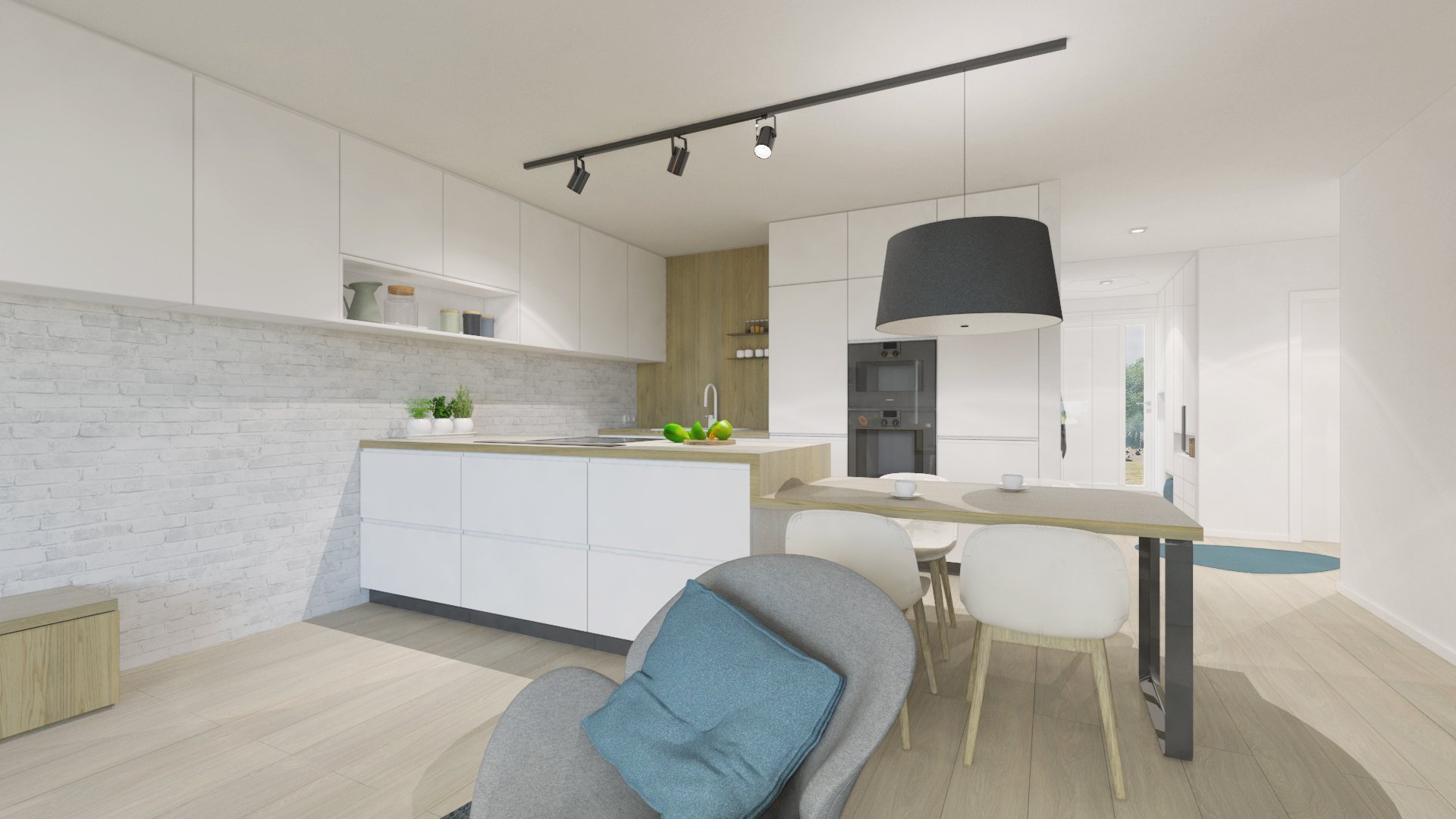 Útulnú atmosféru v interiéri sme dosiahli kombináciou bieleho nábytku s akcentmi dreva, sivej, čiernej a na oživenie interiéru sme použili modrú farbu.

…