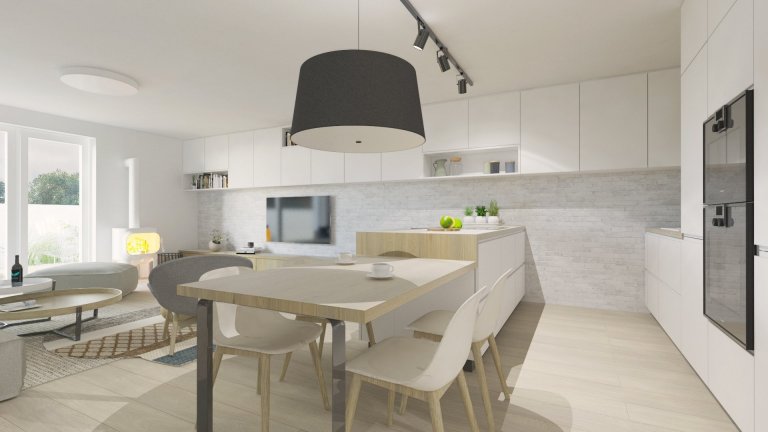 Útulnú atmosféru v interiéri sme dosiahli kombináciou bieleho nábytku s akcentmi dreva, sivej, čiernej a na oživenie interiéru sme použili modrú farbu.

…