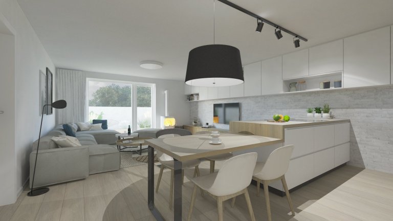 Útulnú atmosféru v interiéri sme dosiahli kombináciou bieleho nábytku s akcentmi dreva, sivej, čiernej a na oživenie interiéru sme použili modrú farbu.

…