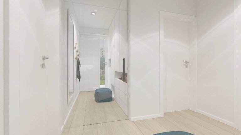 Útulnú atmosféru v interiéri sme dosiahli kombináciou bieleho nábytku s akcentmi dreva, sivej, čiernej a na oživenie interiéru sme použili modrú farbu.

…