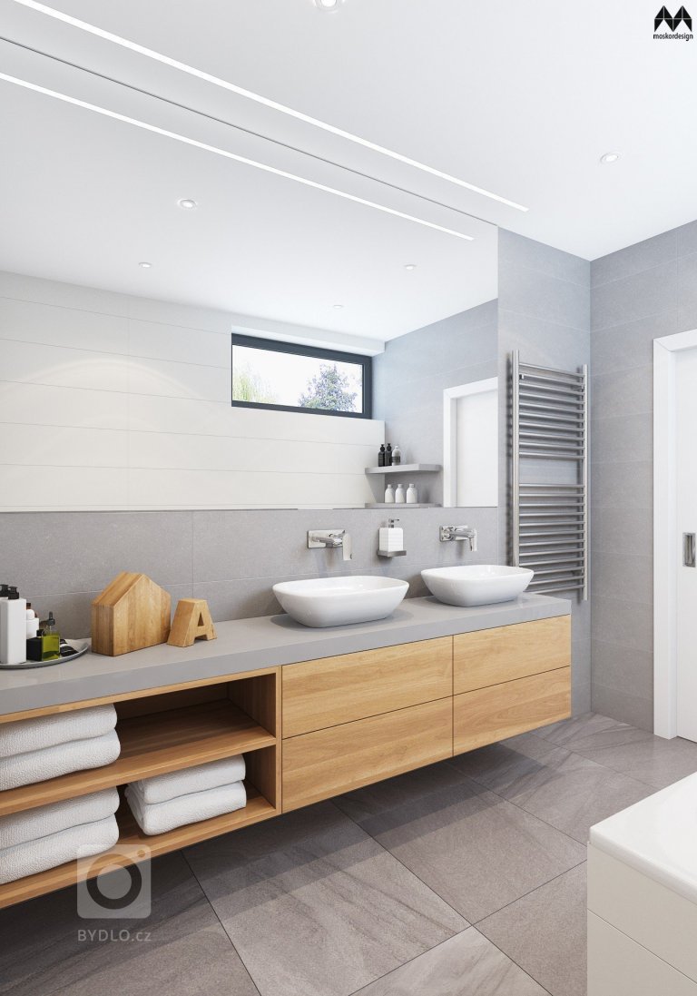 POHLED NA SKŘÍŇKU S DVĚMI UMYVADLY