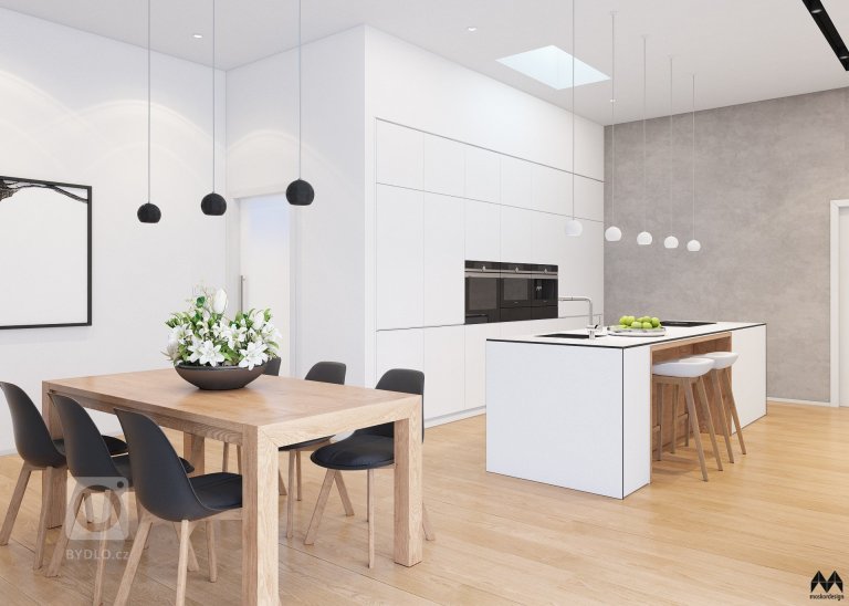 POHLED NA KUCHYŇSKOU LINKU A JÍDELNÍ STŮL