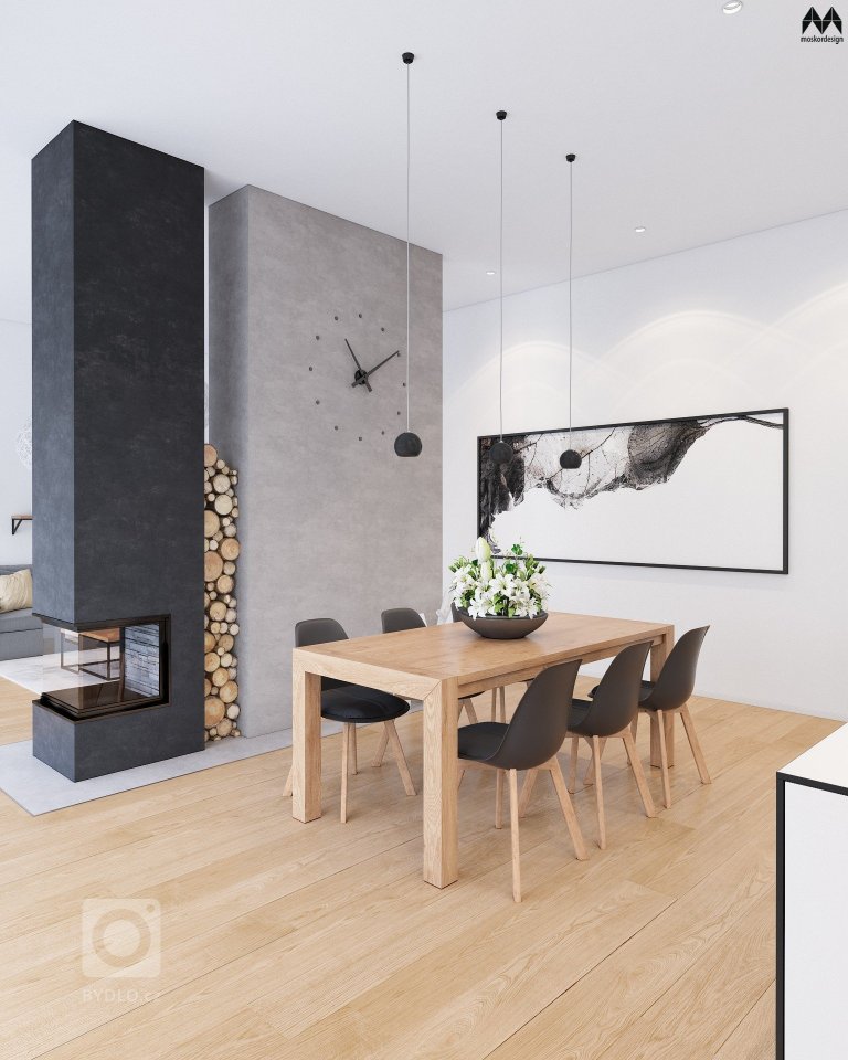 POHLED NA MASIVNÍ DŘEVĚNÝ JÍDELNÍ STŮL, ROHOVOU KRBOVOU VLOŽKU