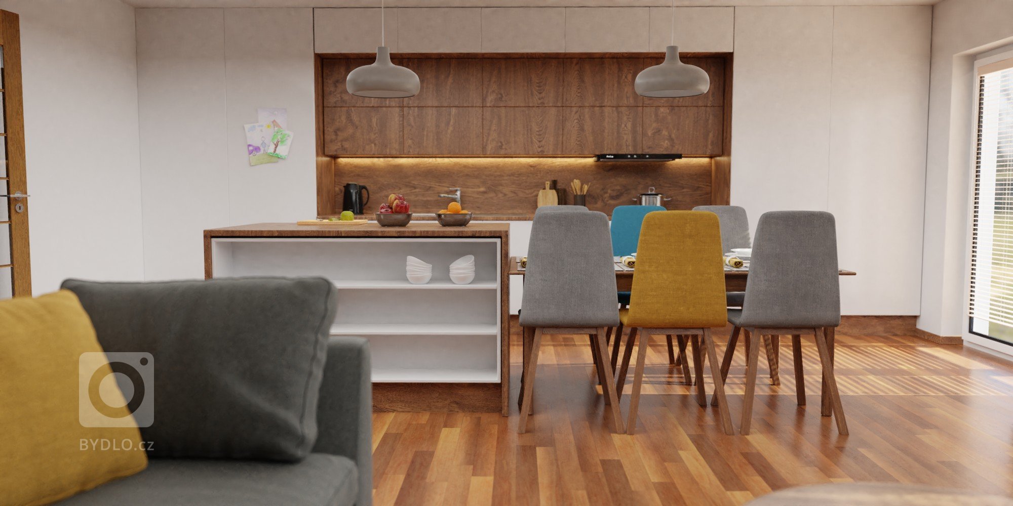 Návrh obývacího pokoje jsem připravila pro mladou pětičlennou rodinu. Původně plánovanou kuchyňskou linku ve tvaru L jsem nahradila rovnou linkou doplněnou o…