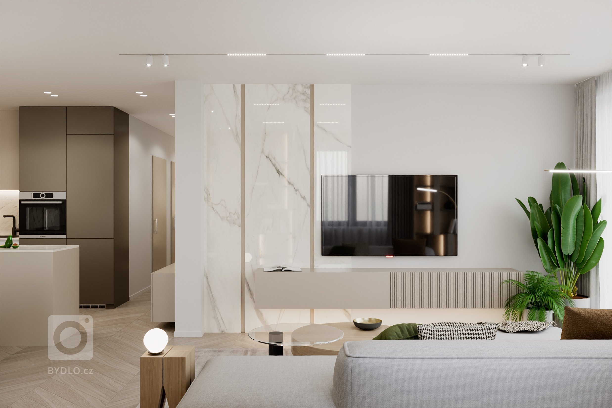 Moderný, elegantný, béžový, bledý, krásný bytový interiér. Návrh a realizácia na mieru zo štúdia PRUNUS.