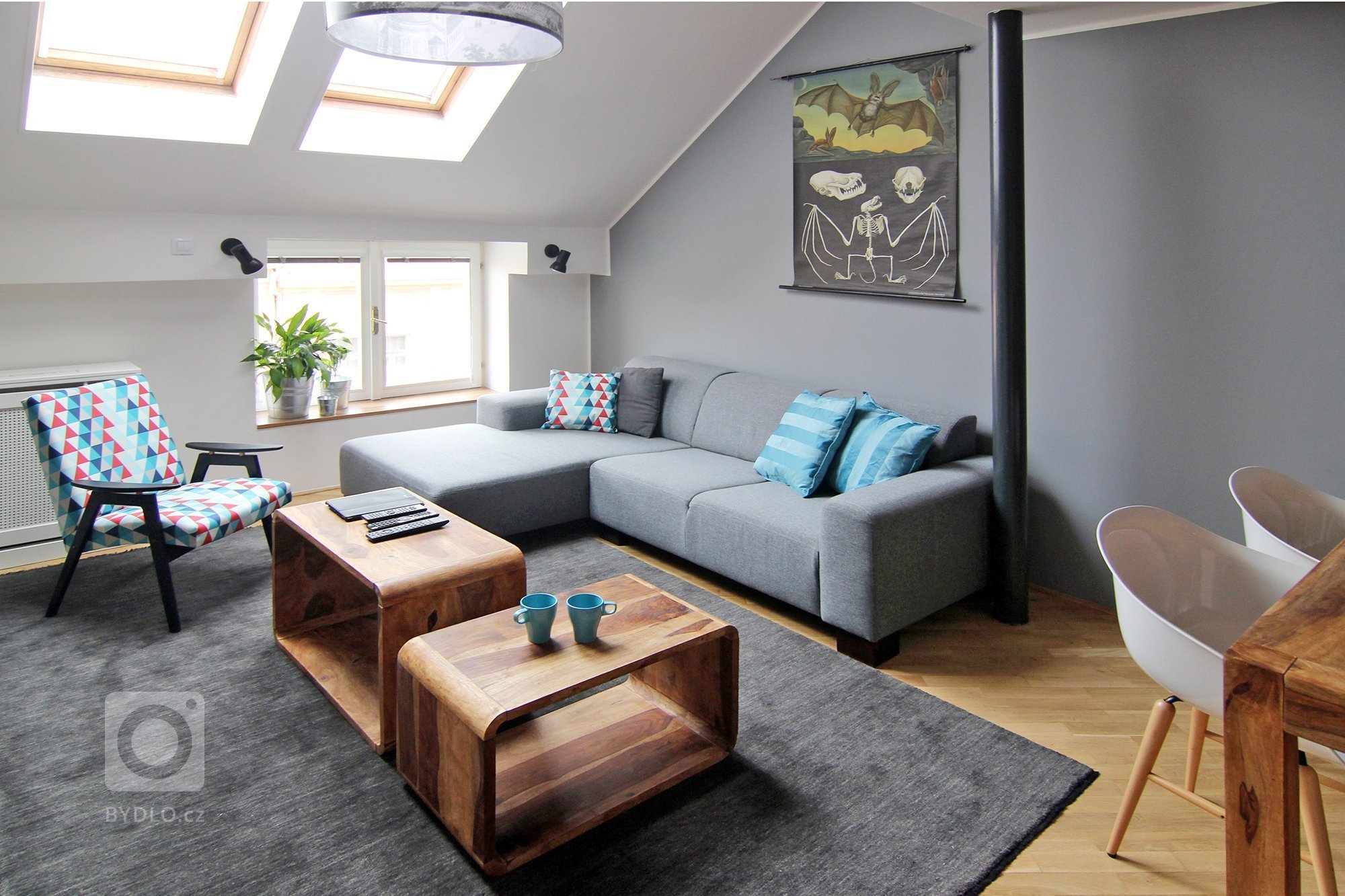 Malý podkrovní byt ve starém domě v Karlíně. Majitelem je mladý, single žijící muž, ve věci vkusu široce rozkročený mezi láskou ke starým, industriálním věcem …