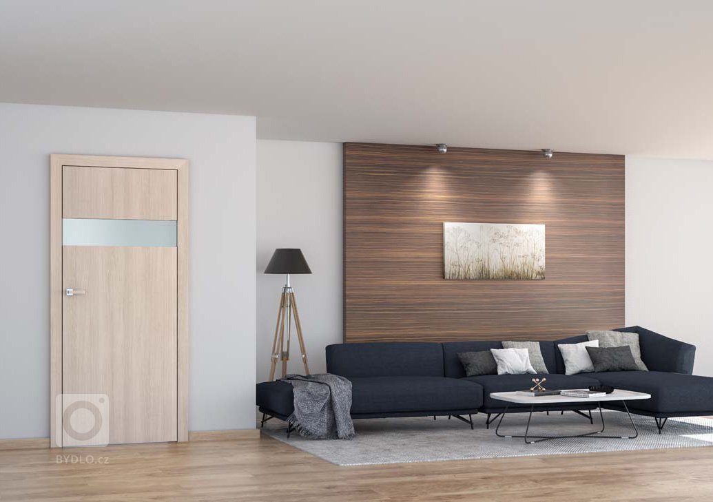 Obývací pokoj s dřevěnými prvky.