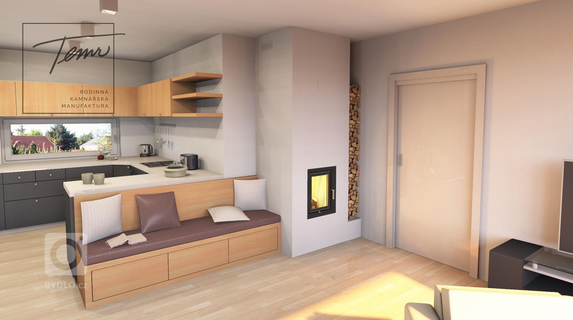 Maličká dřevostavba potřebuje kompaktní řešení s nízkým výkonem. Ale proč z krbu nebudělat i kus příjemného nábytku?

Lavice navazující na akumulační stěnu…