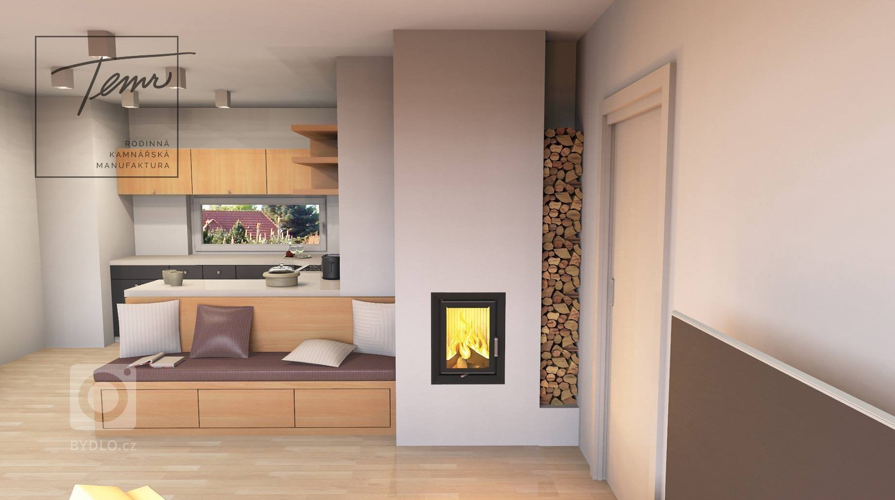 Maličká dřevostavba potřebuje kompaktní řešení s nízkým výkonem. Ale proč z krbu nebudělat i kus příjemného nábytku?

Lavice navazující na akumulační stěnu…