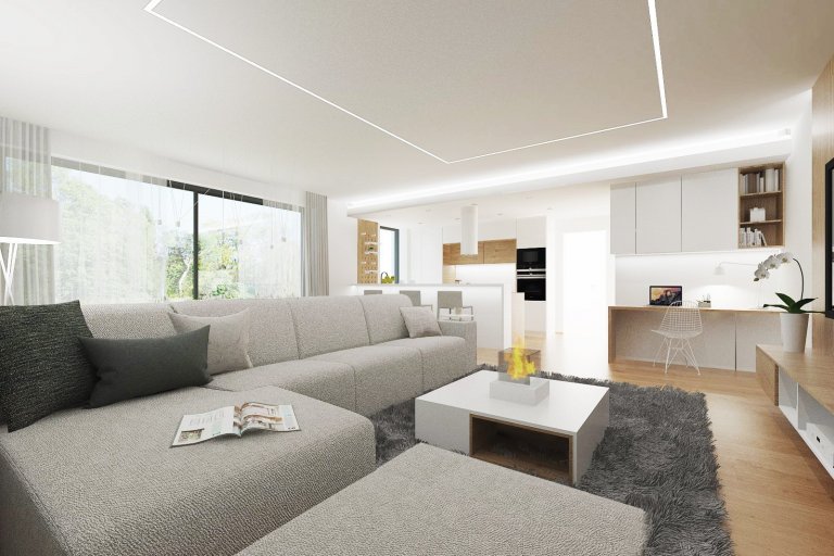 Interier obývacího pokoje v Rd Brusné vychází z barevnosti dubového dřeva, ke kterému je nakombinována šedá a bílá barva. Budoucí majitelé si mohou interier…