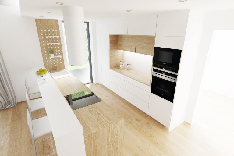 Interier obývacího pokoje v Rd Brusné vychází z barevnosti dubového dřeva, ke kterému je nakombinována šedá a bílá barva. Budoucí majitelé si mohou interier…