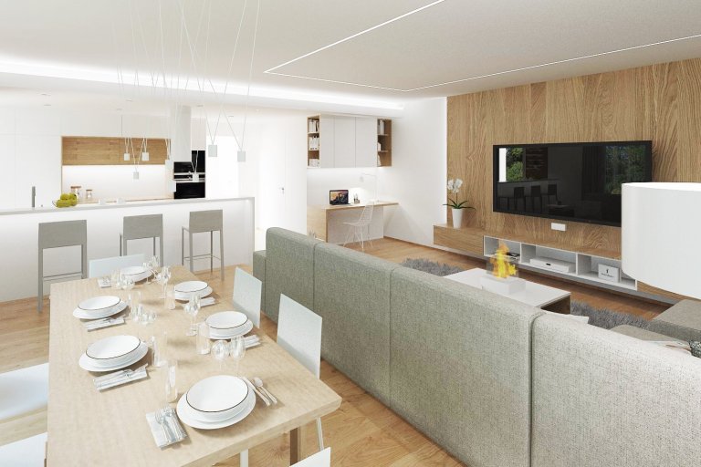 Interier obývacího pokoje v Rd Brusné vychází z barevnosti dubového dřeva, ke kterému je nakombinována šedá a bílá barva. Budoucí majitelé si mohou interier…