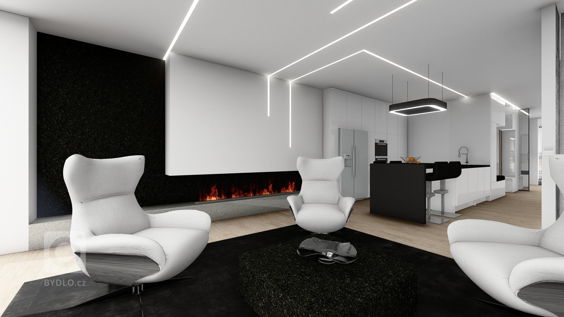 Návrh interiéru obývacího pokoje s bio krbem