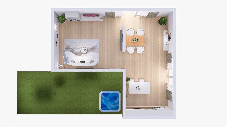 Vizualizace potencionálního budoucího stavu kuchyně, jídelny a&nbsp;obývacího pokoje po rekonstrukci. Důraz na prosvětlení a větší modernizaci oproti původnímu…