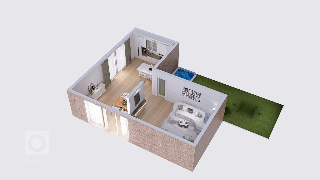 Vizualizace potencionálního budoucího stavu kuchyně, jídelny a&nbsp;obývacího pokoje po rekonstrukci. Důraz na prosvětlení a větší modernizaci oproti původnímu…