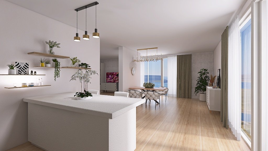 Vizualizace potencionálního budoucího stavu kuchyně, jídelny a&nbsp;obývacího pokoje po rekonstrukci. Důraz na prosvětlení a větší modernizaci oproti původnímu…