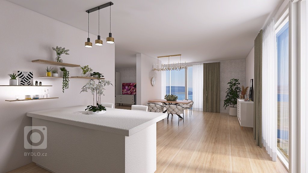 Vizualizace potencionálního budoucího stavu kuchyně, jídelny a&nbsp;obývacího pokoje po rekonstrukci. Důraz na prosvětlení a větší modernizaci oproti původnímu…