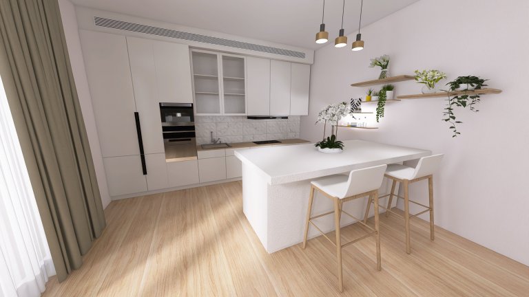 Vizualizace potencionálního budoucího stavu kuchyně, jídelny a&nbsp;obývacího pokoje po rekonstrukci. Důraz na prosvětlení a větší modernizaci oproti původnímu…