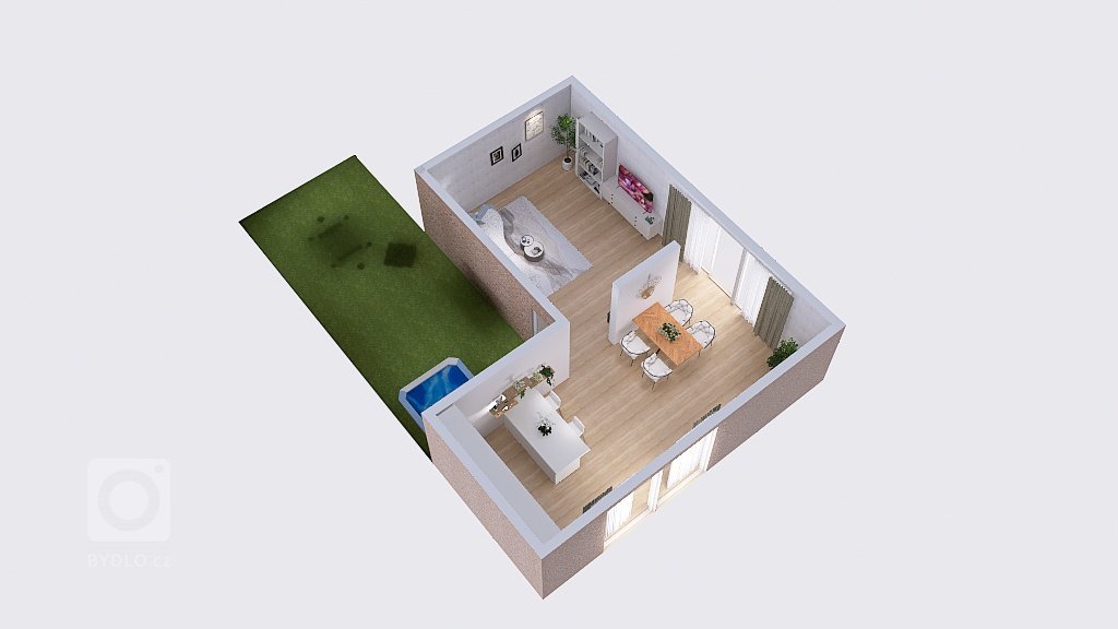 Vizualizace potencionálního budoucího stavu kuchyně, jídelny a&nbsp;obývacího pokoje po rekonstrukci. Důraz na prosvětlení a větší modernizaci oproti původnímu…