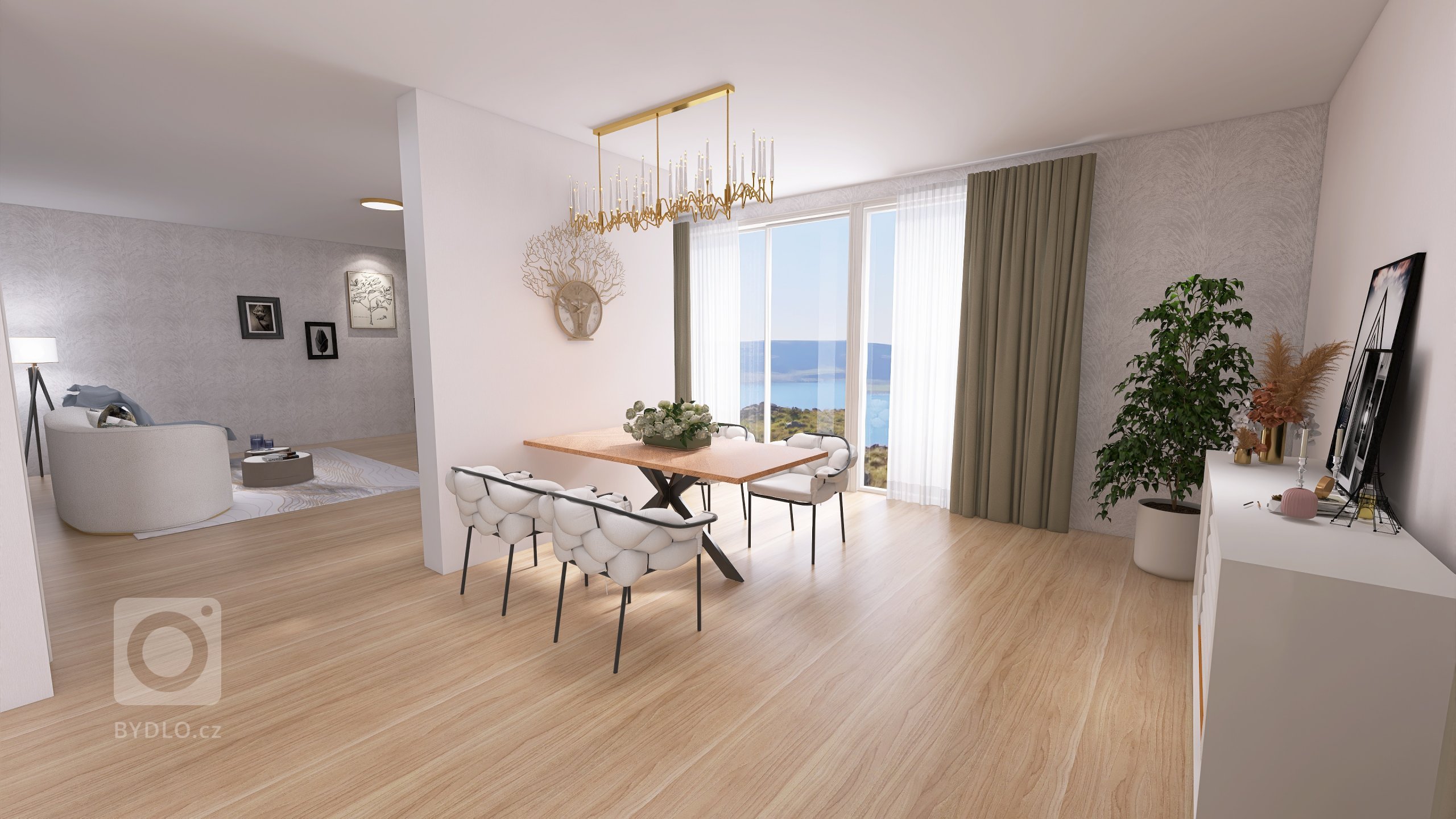 Vizualizace potencionálního budoucího stavu kuchyně, jídelny a&nbsp;obývacího pokoje po rekonstrukci. Důraz na prosvětlení a větší modernizaci oproti původnímu…