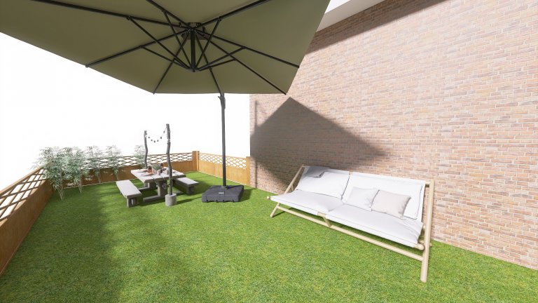 Vizualizace potencionálního budoucího stavu kuchyně, jídelny a&nbsp;obývacího pokoje po rekonstrukci. Důraz na prosvětlení a větší modernizaci oproti původnímu…