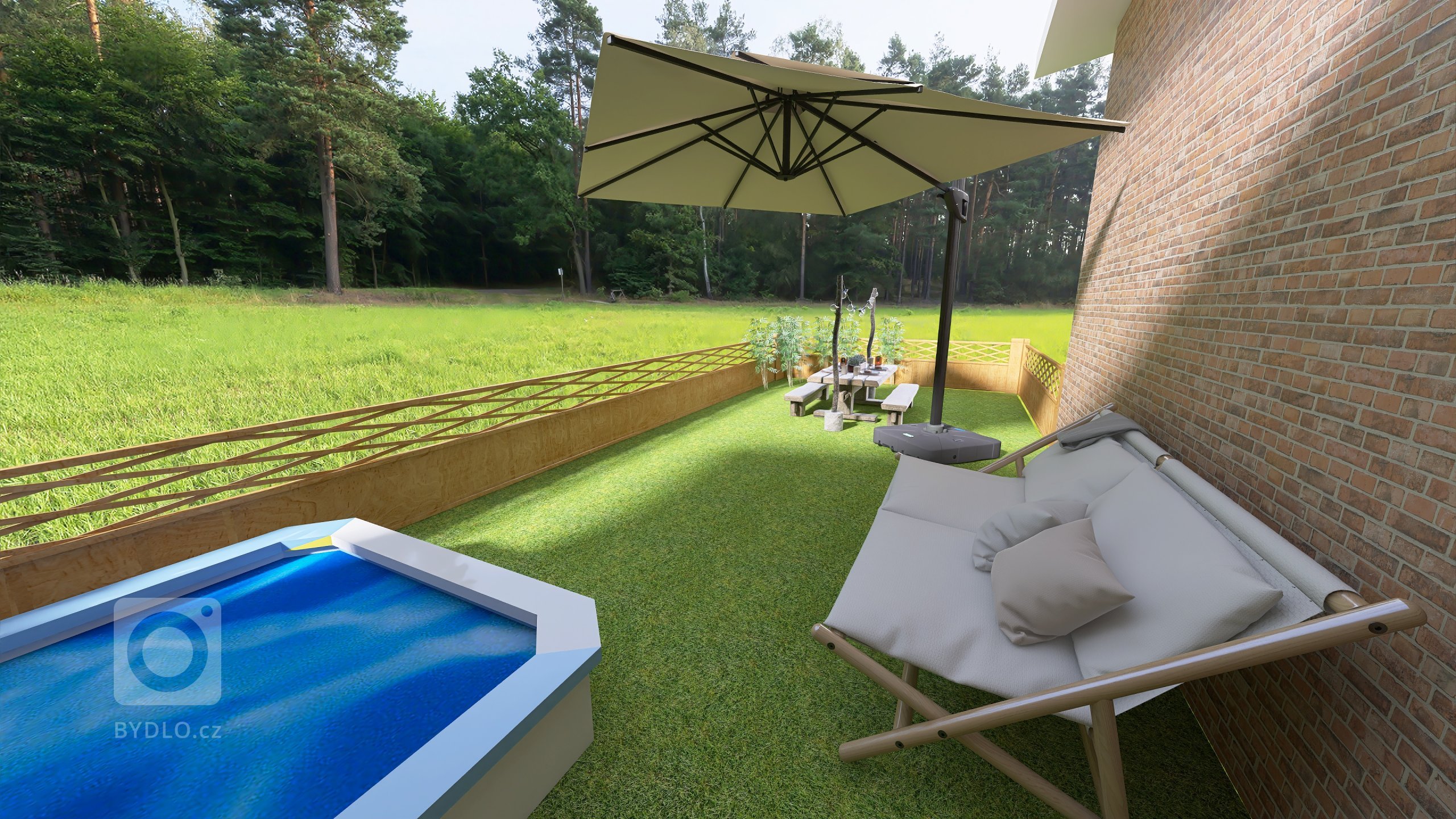 Vizualizace potencionálního budoucího stavu kuchyně, jídelny a&nbsp;obývacího pokoje po rekonstrukci. Důraz na prosvětlení a větší modernizaci oproti původnímu…