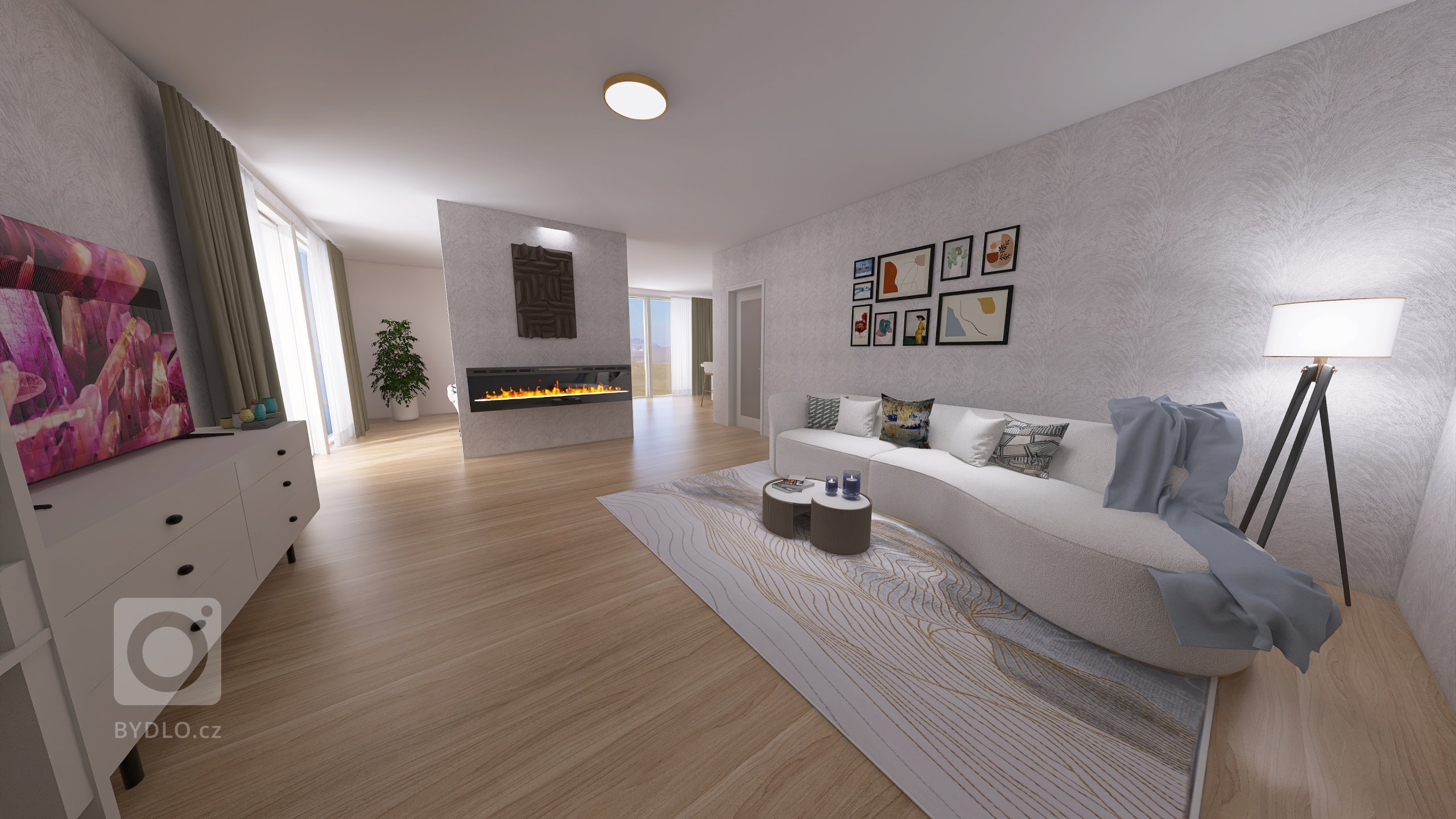 Vizualizace potencionálního budoucího stavu kuchyně, jídelny a&nbsp;obývacího pokoje po rekonstrukci. Důraz na prosvětlení a větší modernizaci oproti původnímu…